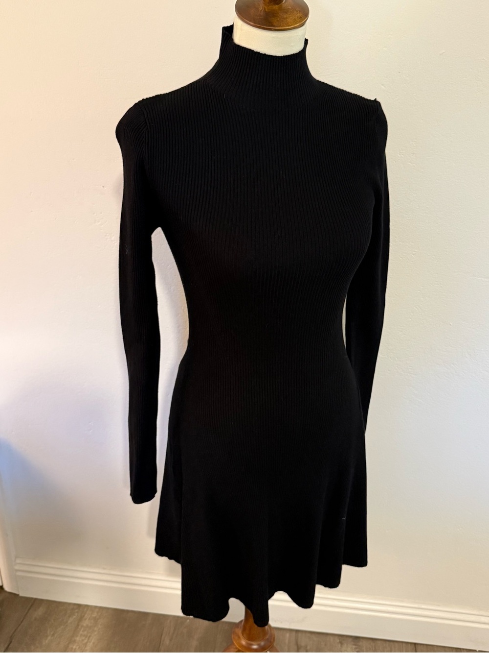 Zara Black Ribbed Mock Neck Long-Sleeve Dress